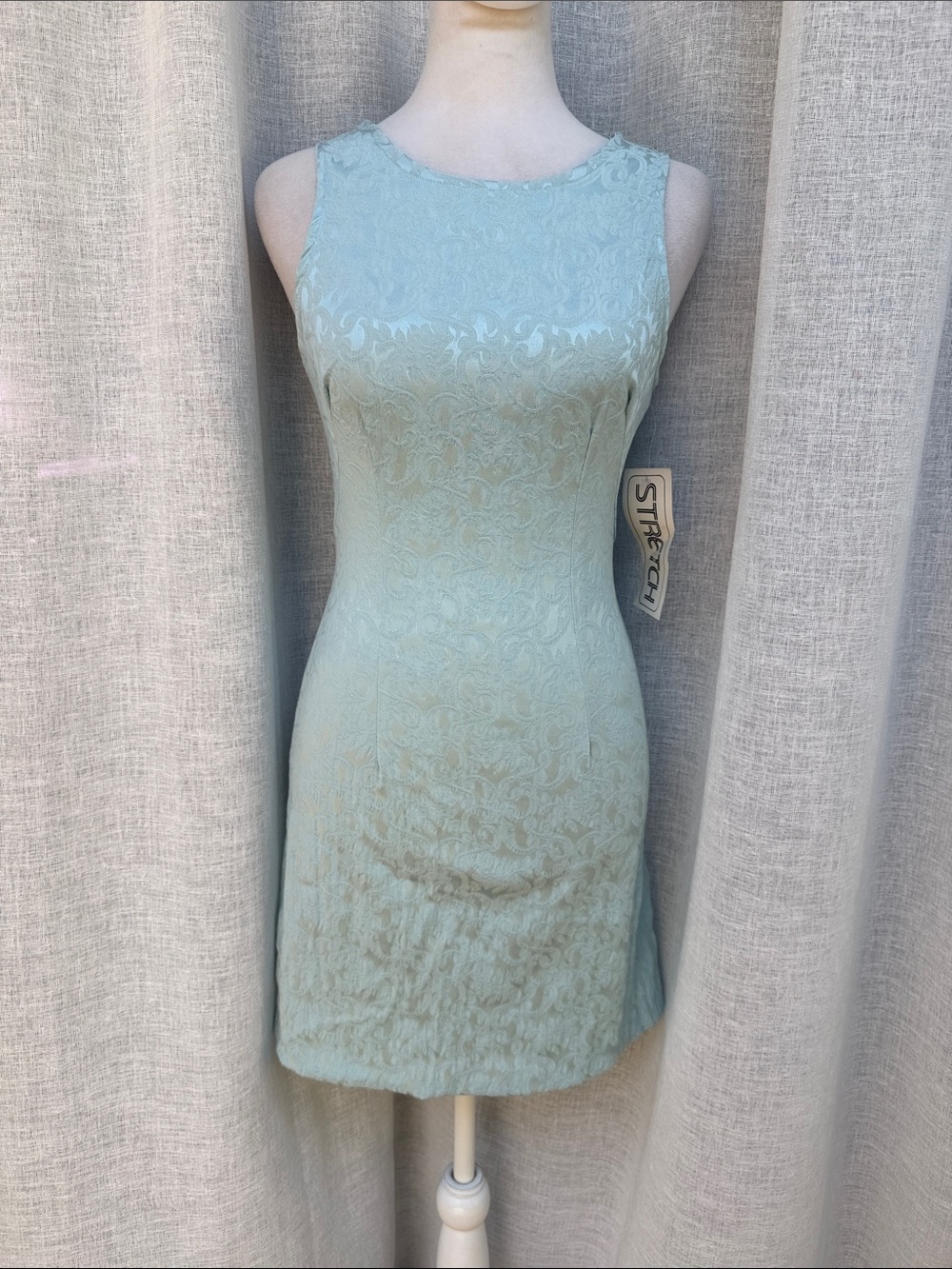 Park Avenue Y2K light blue sleeveless, round-neck mini stretch brocade dress